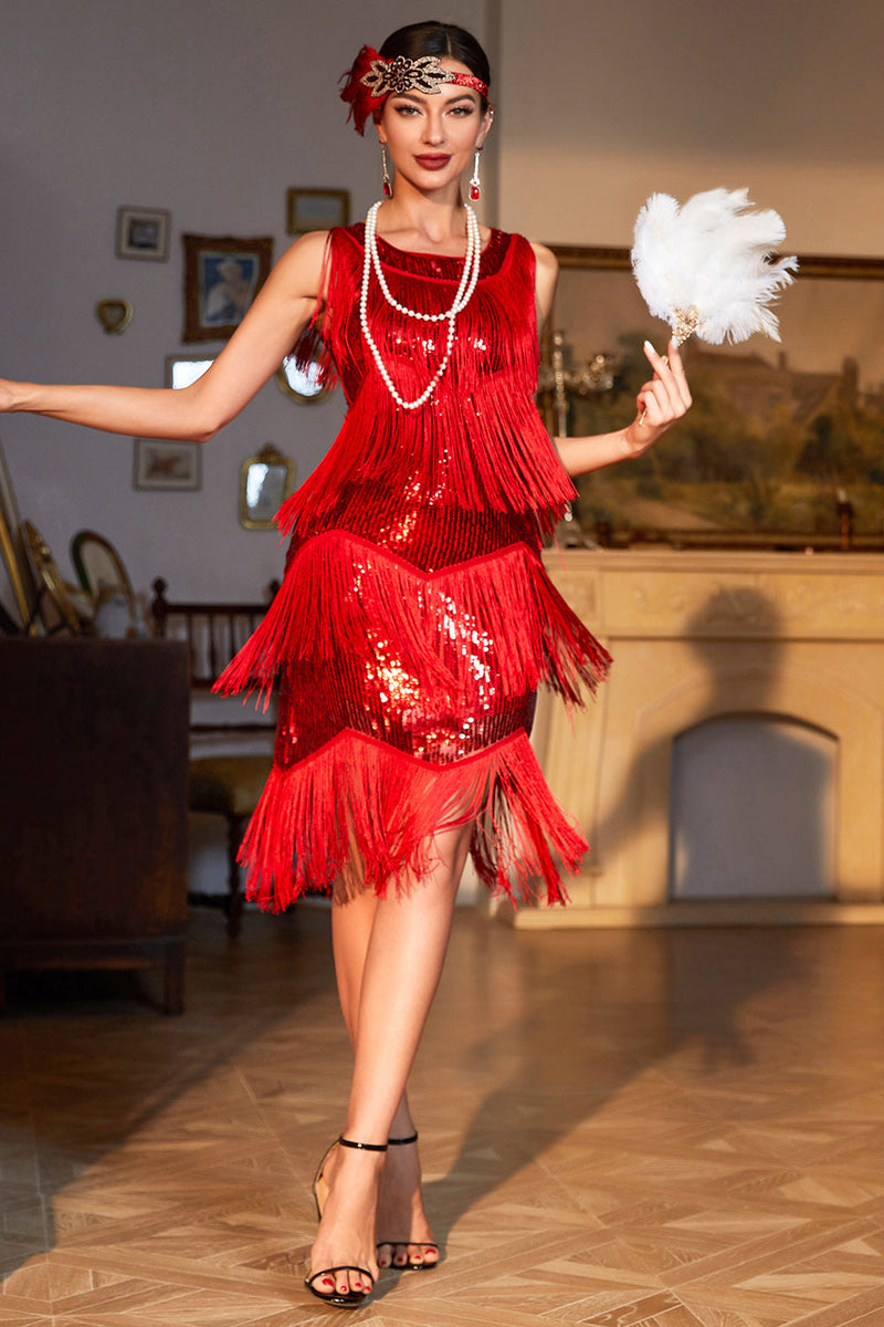 Load image into Gallery viewer, Red Fringed Roaring 20s Sequins Dress