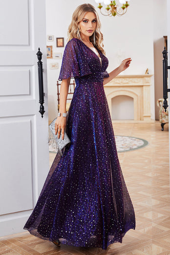 Sparkly V-Neck Purple Party Dress with Short Sleeves