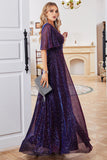 Sparkly V-Neck Purple Party Dress with Short Sleeves