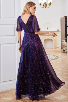 Sparkly V-Neck Purple Party Dress with Short Sleeves