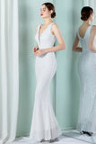 White Deep V Neck Mermaid Evening Dress