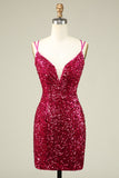 Fuchsia Spaghetti Straps Tight Short Formal Dress