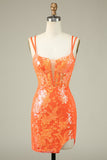 Sparkly Orange Corset Sequins Tight Semi Formal Dress