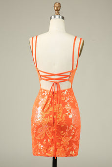 Sparkly Orange Corset Sequins Tight Semi Formal Dress
