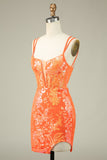 Sparkly Orange Corset Sequins Tight Semi Formal Dress