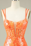 Sparkly Orange Corset Sequins Tight Semi Formal Dress