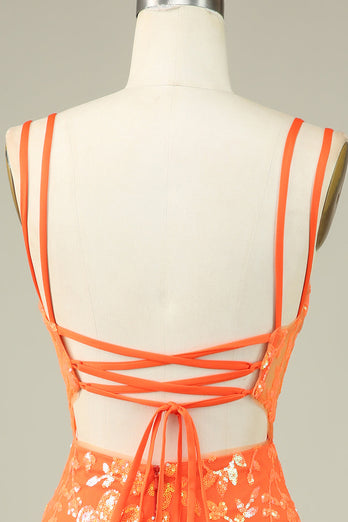 Sparkly Orange Corset Sequins Tight Semi Formal Dress
