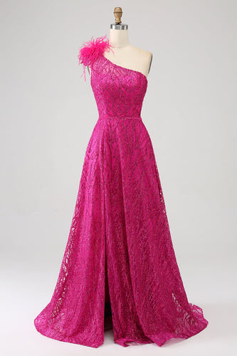 Fuchsia A-Line One Shoulder Feather Sequin Long Formal Dress With Slit