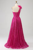 Fuchsia A-Line One Shoulder Feather Sequin Long Formal Dress With Slit