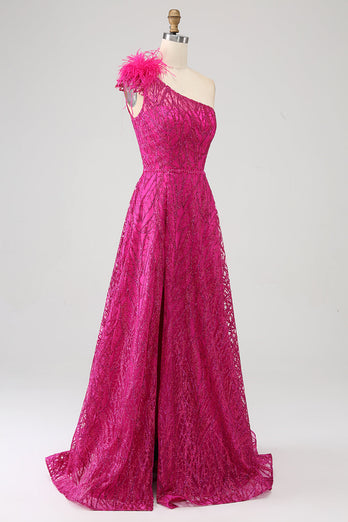 Fuchsia A-Line One Shoulder Feather Sequin Long Formal Dress With Slit