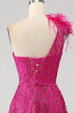 Fuchsia A-Line One Shoulder Feather Sequin Long Formal Dress With Slit