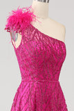 Fuchsia A-Line One Shoulder Feather Sequin Long Formal Dress With Slit