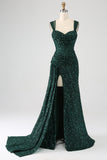 Dark Green Sheath Sparkly Sequin Pleated Long Formal Dress With Thigh Split