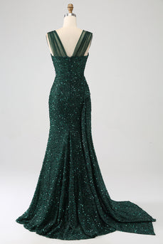 Dark Green Sheath Sparkly Sequin Pleated Long Formal Dress With Thigh Split