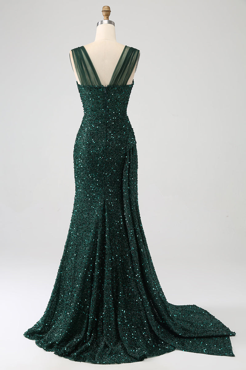 Load image into Gallery viewer, Dark Green Sheath Sparkly Sequin Pleated Long Formal Dress With Thigh Split