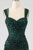 Load image into Gallery viewer, Dark Green Sheath Sparkly Sequin Pleated Long Formal Dress With Thigh Split