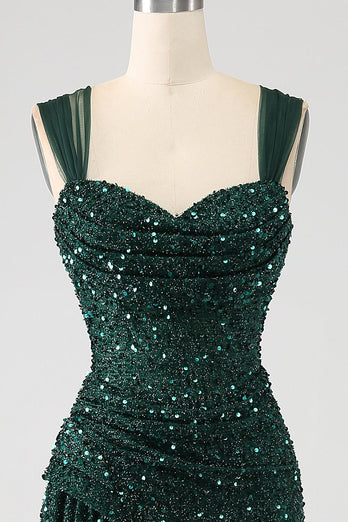 Dark Green Sheath Sparkly Sequin Pleated Long Formal Dress With Thigh Split