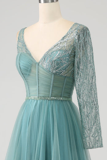 Grey Green A-Line Sparkly Sequin Long Corset Formal Dress
