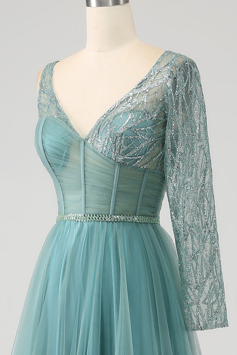 Load image into Gallery viewer, Grey Green A-Line Sparkly Sequin Long Corset Formal Dress