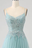 Sparkly Light Green A-Line Sequin Applique Corset Formal Dress With Slit