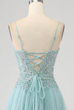 Sparkly Light Green A-Line Sequin Applique Corset Formal Dress With Slit