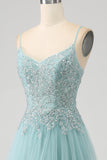 Sparkly Light Green A-Line Sequin Applique Corset Formal Dress With Slit