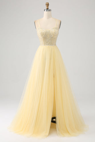 Tulle Beaded Light Yellow Formal Dress with Slit