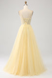 Tulle Beaded Light Yellow Formal Dress with Slit