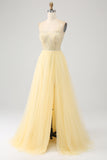 Tulle Beaded Light Yellow Formal Dress with Slit