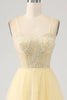Load image into Gallery viewer, Tulle Beaded Light Yellow Formal Dress with Slit
