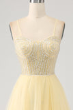 Tulle Beaded Light Yellow Formal Dress with Slit