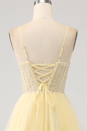 Tulle Beaded Light Yellow Formal Dress with Slit