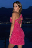 Sparkly Hot Pink One Shoulder Sequins Short Formal Dress