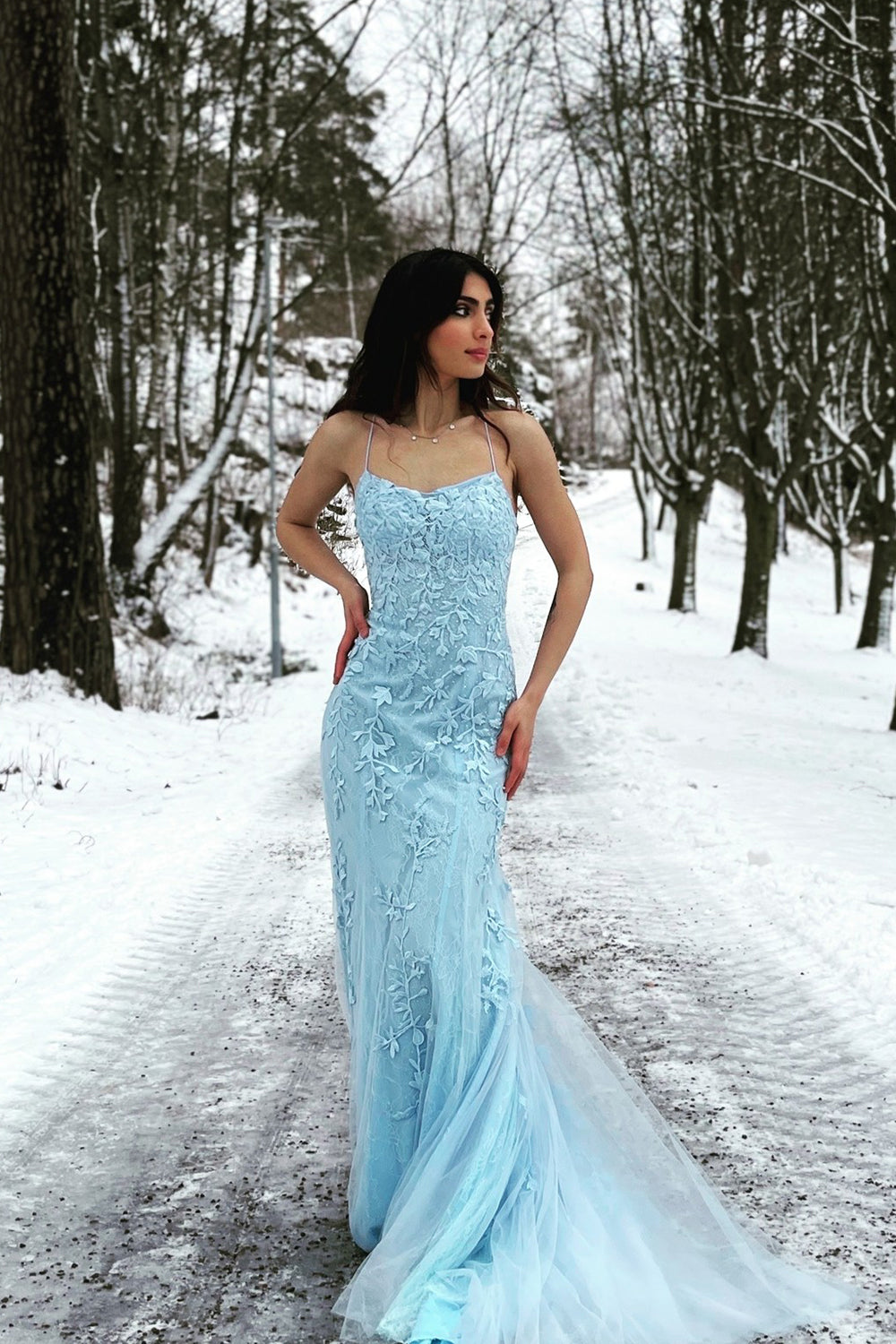 Blue Spaghetti Straps Mermaid Prom Dress
