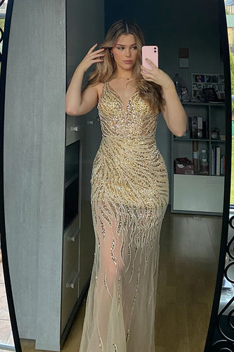 Sparkly Deep V Neck Golden Sequins Glitter Formal Dress
