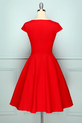 Red V Neck Swing Vintage Dress