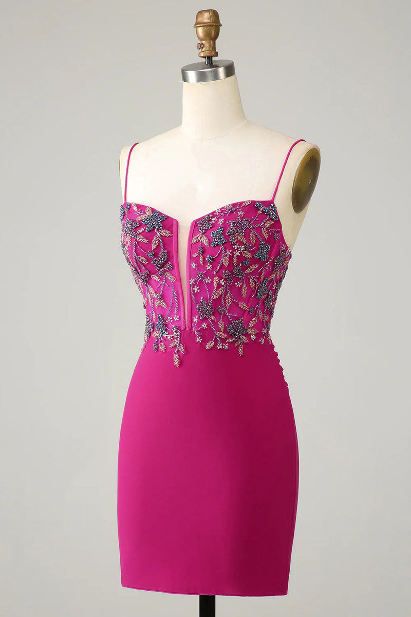 Load image into Gallery viewer, Bodycon Spaghetti Straps Fuchsia Short Cocktail Dress with Beading