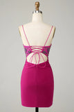 Bodycon Spaghetti Straps Fuchsia Short Cocktail Dress with Beading