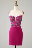 Bodycon Spaghetti Straps Fuchsia Short Cocktail Dress with Beading