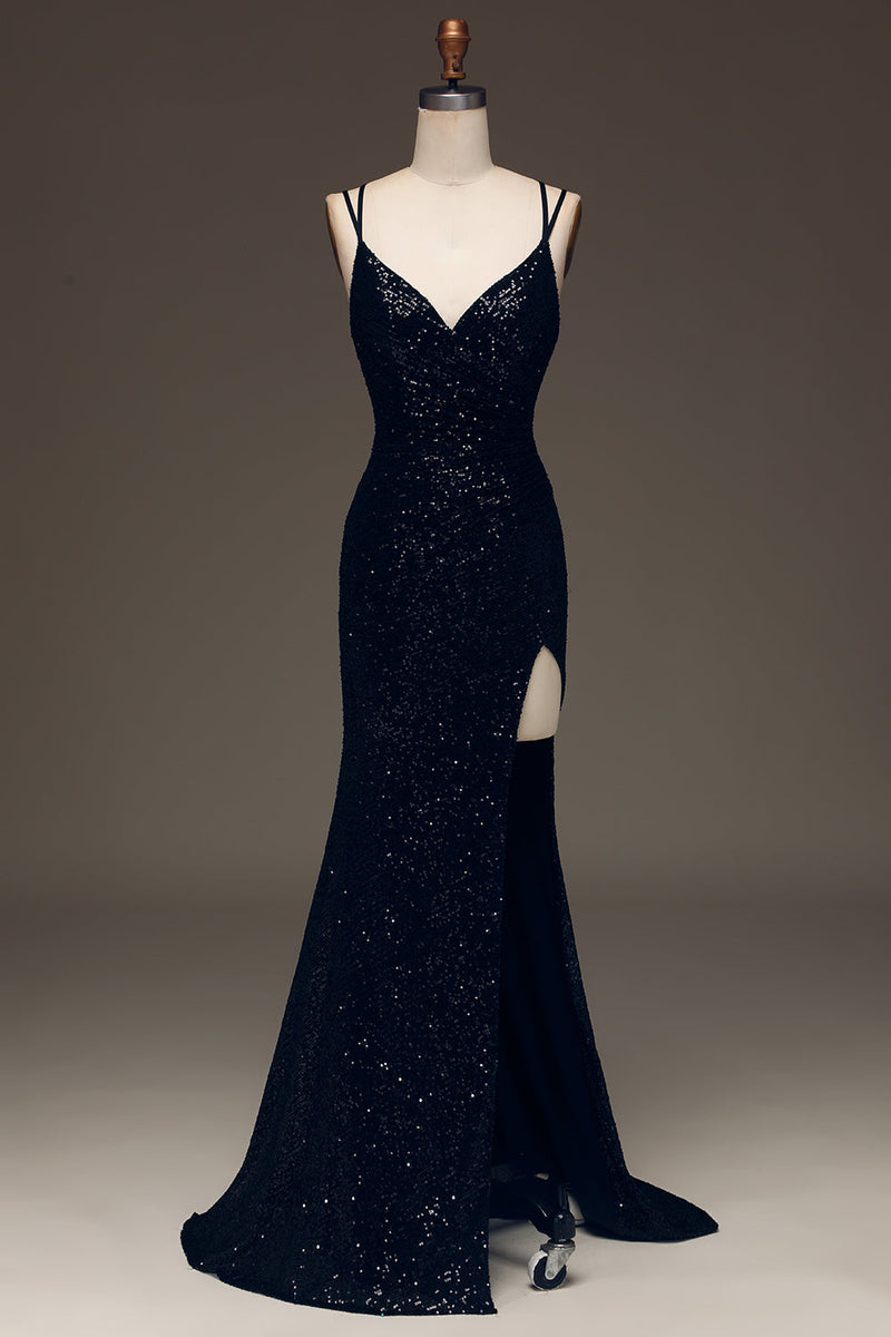 Load image into Gallery viewer, Black Sparkly Sequin Mermaid Long Formal Dress With Slit