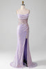 Load image into Gallery viewer, Lilac Sparkly Spaghetti Straps Mermaid Formal Dress with Slit