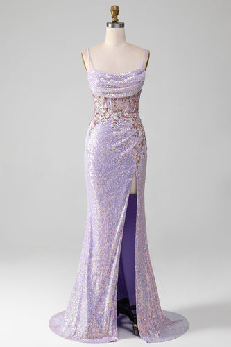 Lilac Sparkly Spaghetti Straps Mermaid Formal Dress with Slit