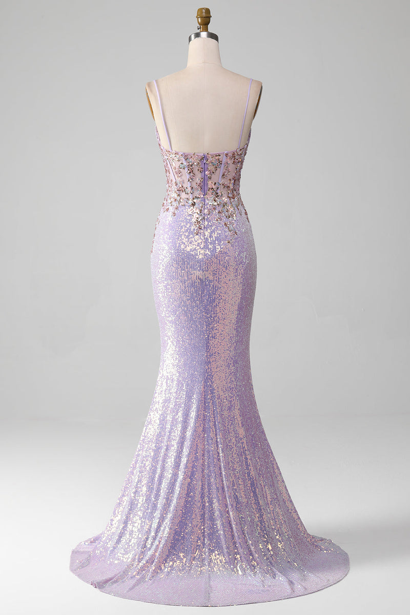 Load image into Gallery viewer, Lilac Sparkly Spaghetti Straps Mermaid Formal Dress with Slit