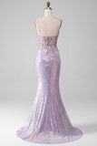 Lilac Sparkly Spaghetti Straps Mermaid Formal Dress with Slit