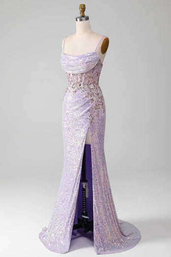 Lilac Sparkly Spaghetti Straps Mermaid Formal Dress with Slit
