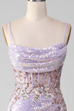 Lilac Sparkly Spaghetti Straps Mermaid Formal Dress with Slit