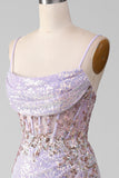 Lilac Sparkly Spaghetti Straps Mermaid Formal Dress with Slit