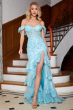 Stylish Mermaid Off the Shoulder Sky Blue Long Formal Dress with Lace Ruffles