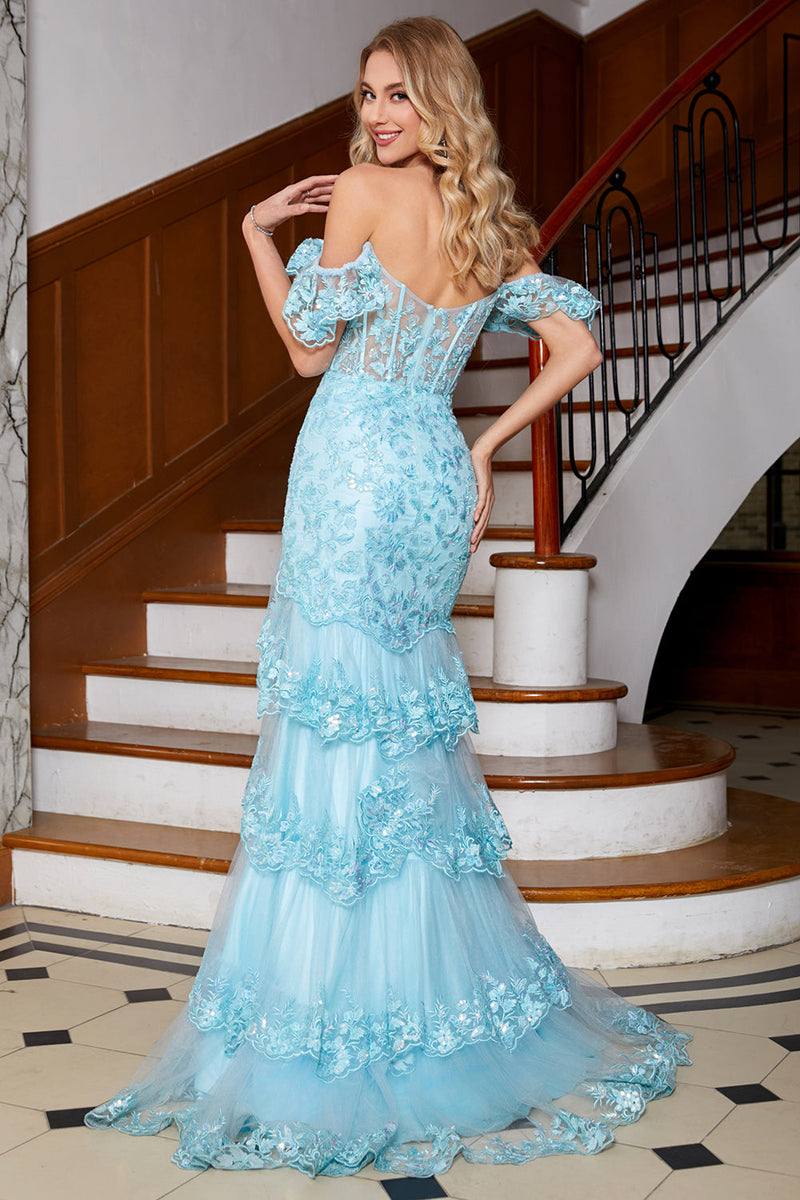 Load image into Gallery viewer, Stylish Mermaid Off the Shoulder Sky Blue Long Formal Dress with Lace Ruffles