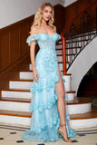 Stylish Mermaid Off the Shoulder Sky Blue Long Formal Dress with Lace Ruffles